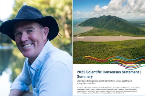 a smiling man wearing a hat sitting by a lake collaged next to a graphic report cover