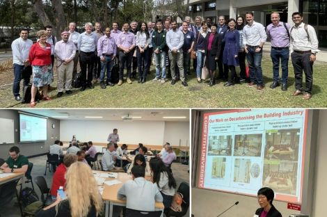 A collage of photos a group of people standing together in front of a building; a person giving a presentation in front of a screen; a room of people working around different tables having animated conversations. 