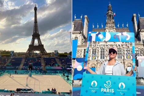 A collage of the Paris2024 volleyball court with the Eiffel Tower in the background and a person holding up a sign in front of the Paris Olympic Stadium