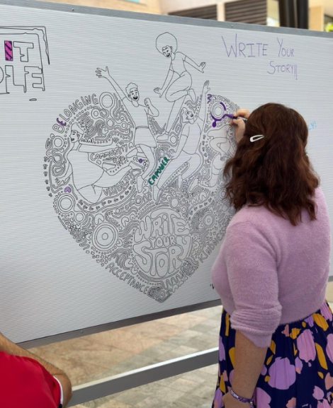 Wear It Purple Day 2023. Colouring in Wall. Student in Purple colouring in. 