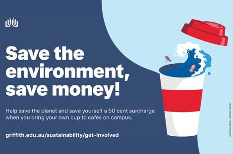 A promotional graphic with a dark blue background features the text “Save the environment, save money!” in large white and red letters. On the right side, there is an illustration of a reusable cup with a wave of water splashing out from the top. Above the cup to the right, a red takeaway coffee cup lid is depicted mid-air as if it has been thrown away. Below the main text, additional information reads: “Help save the planet and save yourself a 50 cent reduction when you bring your own cup to cafes on campus.” For more information, visit griffith.edu.au/sustainability/get-involved.