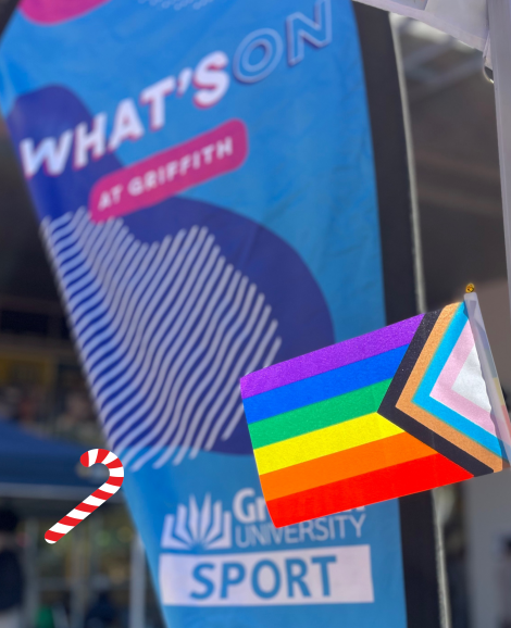 Pride flag and What's On At Griffith Bow Flag