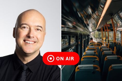 Collage of smiling bald man and interior of an empty bus