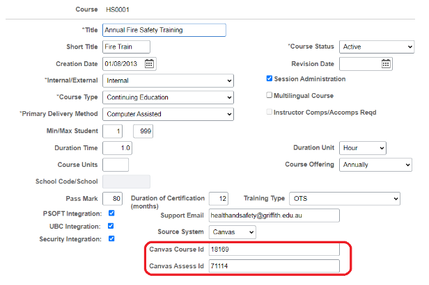 Form showing Canvas Course Code and Canvas Assess ID