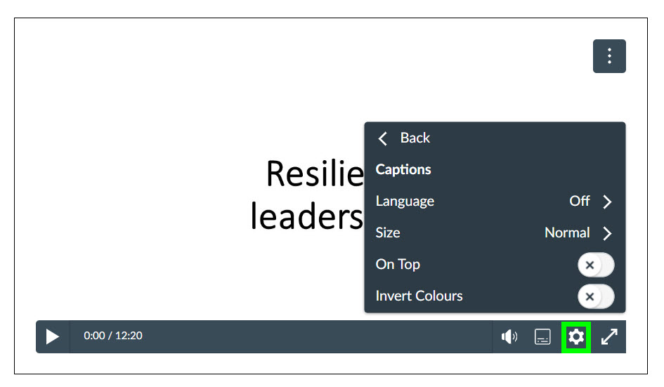 Screenshot of Studio video showing the Caption settings menu accessed via the Settings button on the video player controls.
