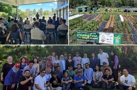 a collage of photos of people in a farm and listening to presentations