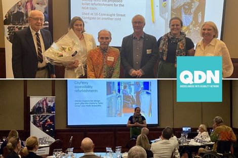 A collage with group of people of mixed ages and mobilities and a person giving a presentation in front of a screen